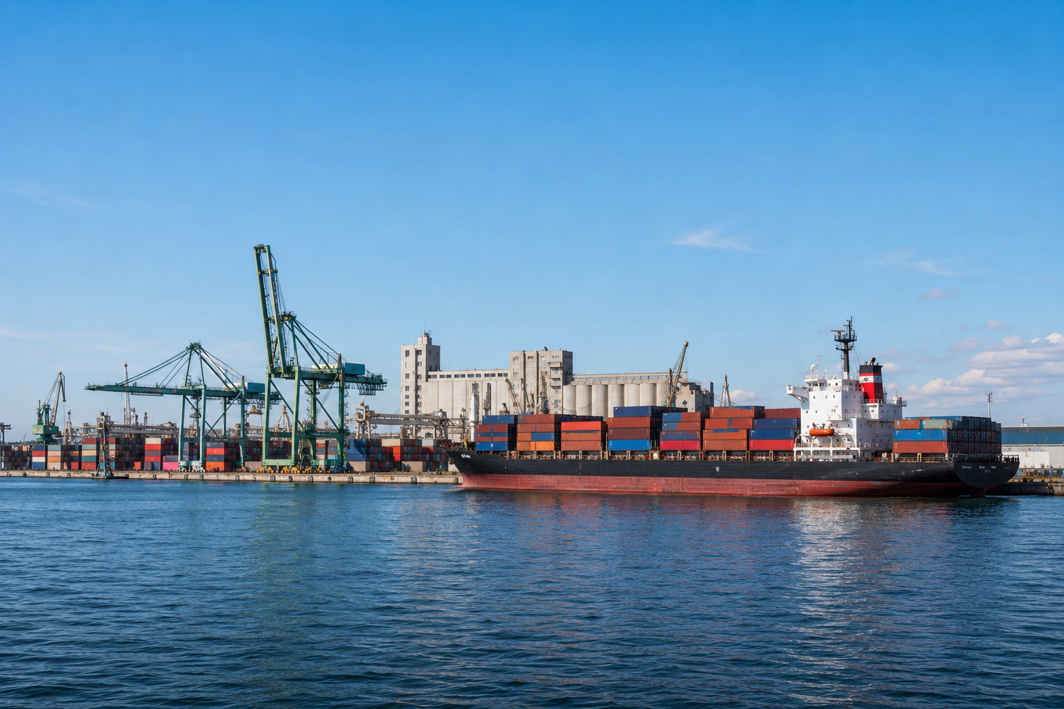 AnyLogic simulation model of a container terminal showing quay cranes, yard blocks and truck gate operations
